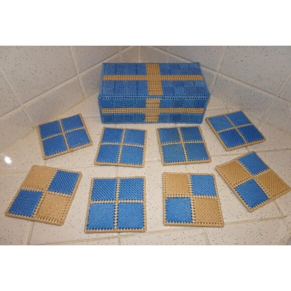 Vintage Blue Plastic Canvas Coaster Set 8 with Holder needlepoint handmade retro - Picture 1 of 10